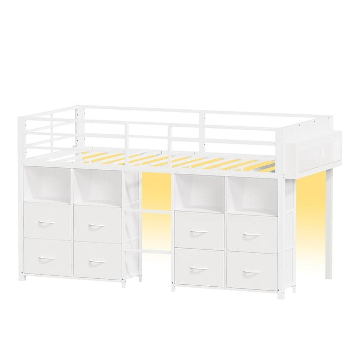 Ufurniture Kids Low Loft Bed with LED Lighting & 8 Drawers Metal Bed Frame with 4 Open Space & Ladder Single Size White