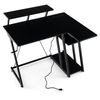 Costway L-Shaped Computer Desk w/Monitor Shelf Headphone Hook Outlets & USB Ports Black