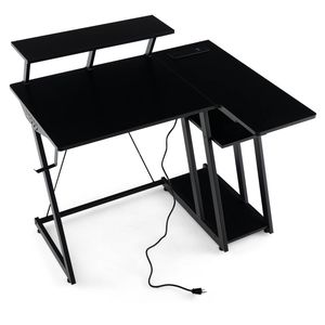 Costway L-Shaped Computer Desk w/Monitor Shelf Headphone Hook Outlets & USB Ports Black