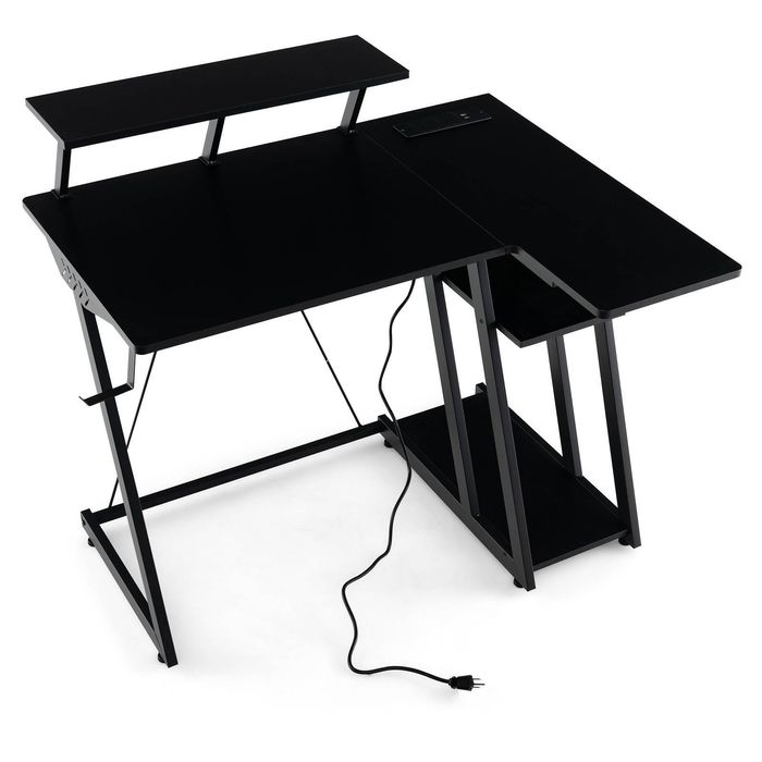 Costway L-Shaped Computer Desk w/Monitor Shelf Headphone Hook Outlets & USB Ports Black