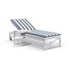 Kansas Outdoor Aluminium Sun Lounge On Wheels White With Hugo Slide Under Side Table & Navy Stripe Cushions