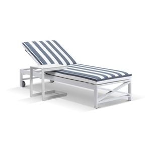 Kansas Outdoor Aluminium Sun Lounge On Wheels White With Hugo Slide Under Side Table & Navy Stripe Cushions