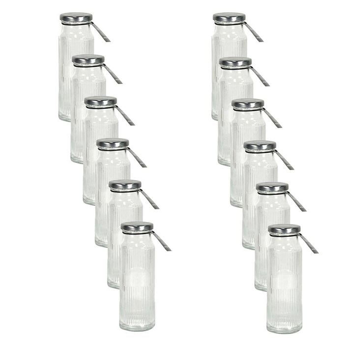 12PK Glass & Co Cleo Round Ribbed Silver Metal Lid Water Bottle 250ml Clear