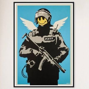 Galrie Banksy Flying Copper Art Print - Iconic 2003 Artwork on Museum-Quality Paper, Black Frame, A1 60 x 84cm (23 x 33inch)