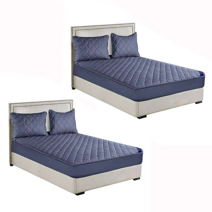 SOGA 2 Pack Blue King Cross-Hatch Quilted Mattress Cover Sets with 4 Pillowcases