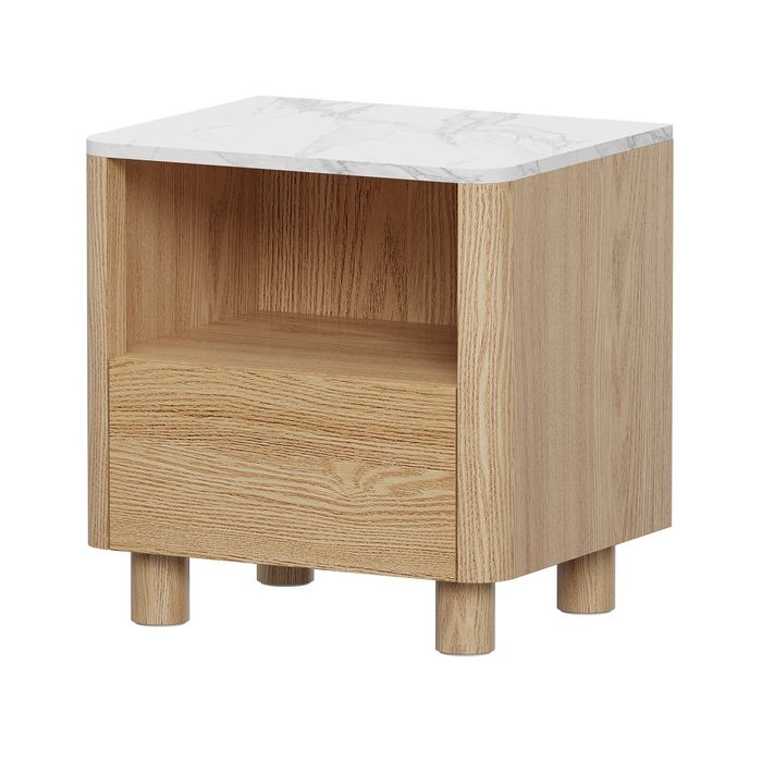 Oikiture Bedside Table Nightstand One Drawer Open Shelf Handle-Free Natural