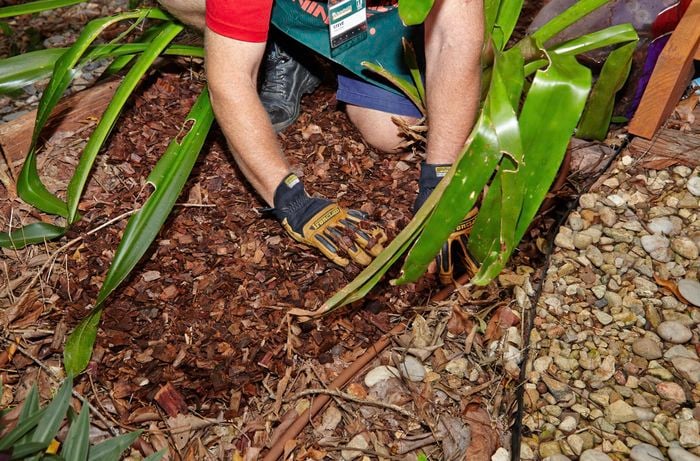 Person spreading mulch on a garden bed