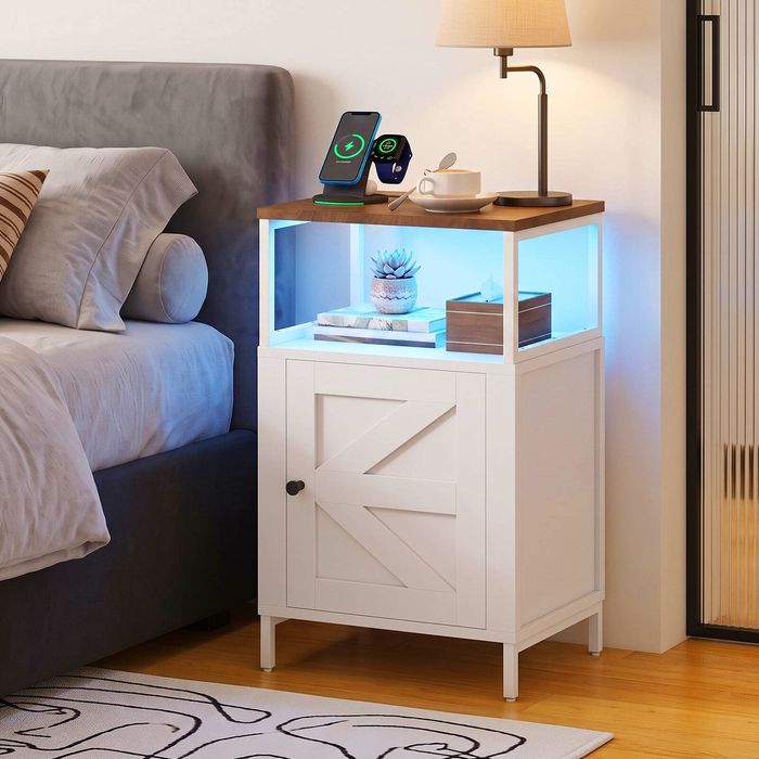 Ufurniture Farmhouse Nightstand with Charging Station, RGB LED Light Bedside Table for Small Spaces, Brown+White