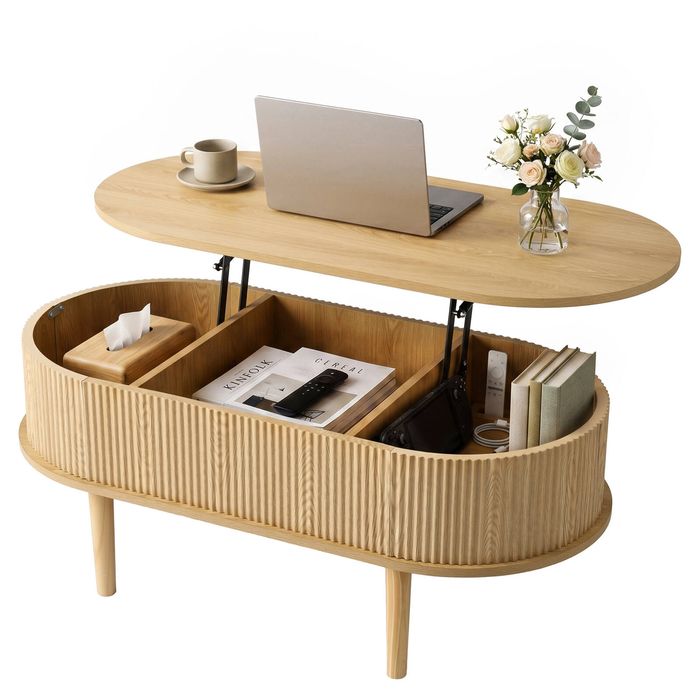 Artiss Lift Top Coffee Table Fluted Oval 100cm