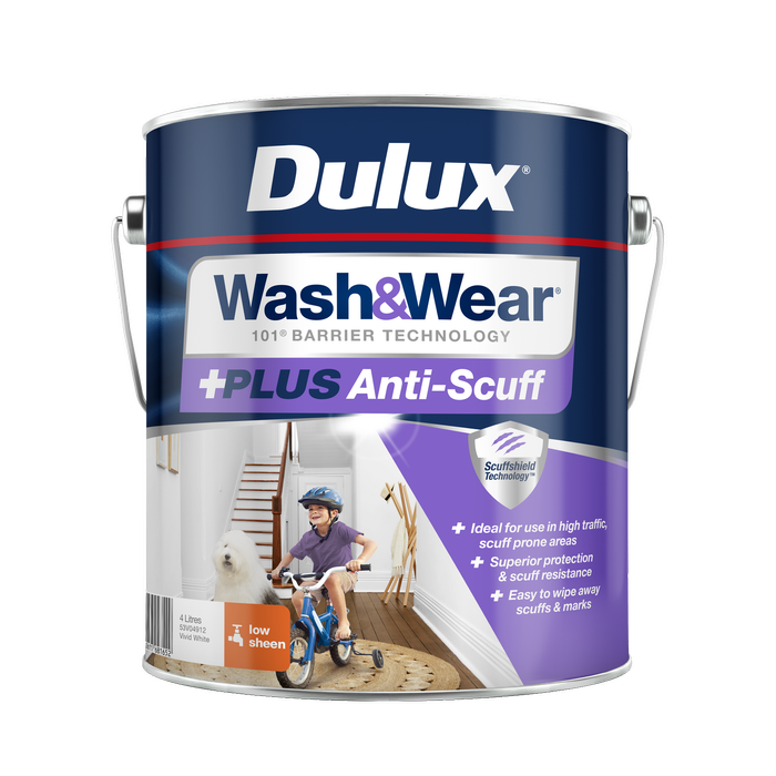 Dulux Vivid White Low Sheen Wash&Wear +PLUS Anti-Scuff Interior Paint - 4L