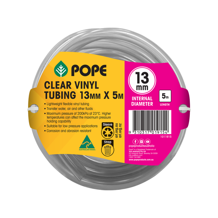 Pope 13mm x 5m Clear Vinyl Tubing