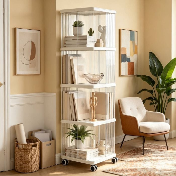 Ufurniture Rotating Bookshelf 4-tier Acrylic Bookcase Corner Standing Display Shelf Organizer Cd Storage Rack Beige
