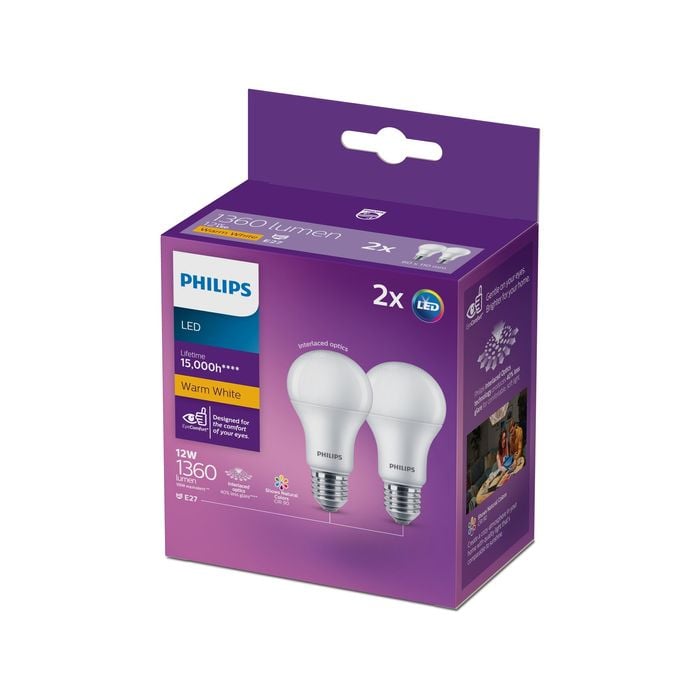 Philips A60 E27 LED 1360lm Warm White 12w Globe - 2 Pack