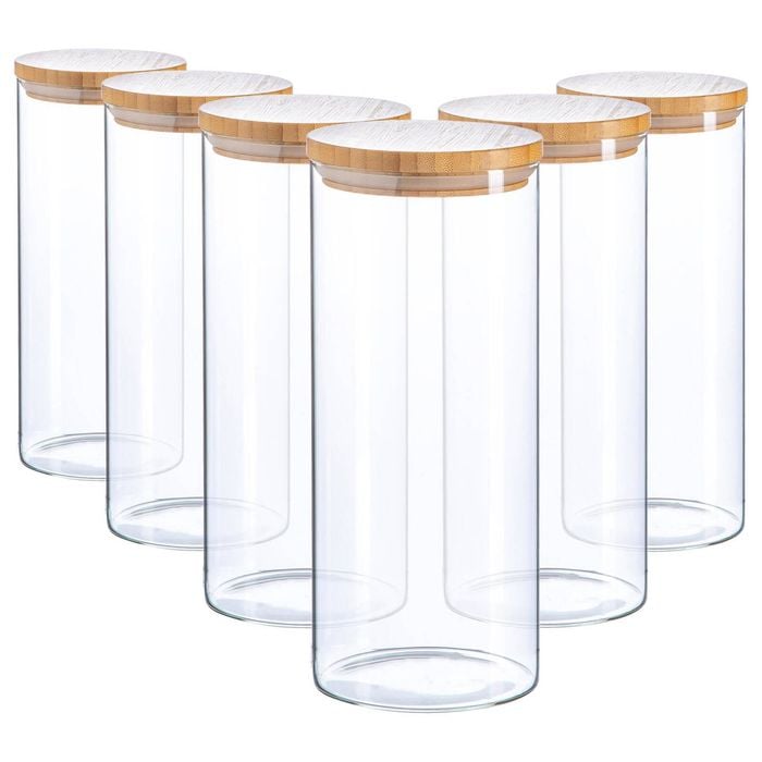 Argon Tableware Glass Storage Jar - Wood Lid - 1.5 Litre - 6x Modern Round Scandi Organisation Container Glass Jar
