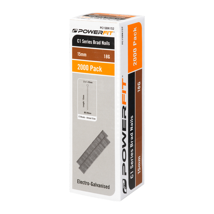 PowerFit 15mm C1 Series Electro-Galvanised Brad Nails - 2,000 Pack