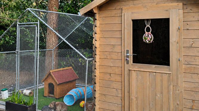 Timber chicken coop and enclosed run set in a garden, featuring a small doghouse, tunnel and outdoor enclosure.