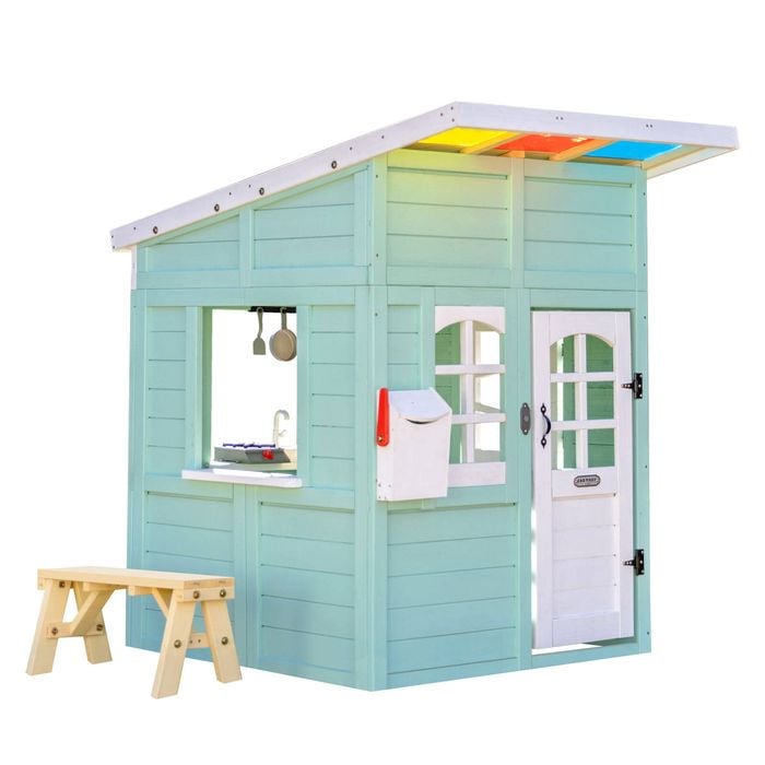 Teamson Kids Rainbow Shade Wooden Playhouse With Colorful Overhang, Flower Box And Bench, Mint