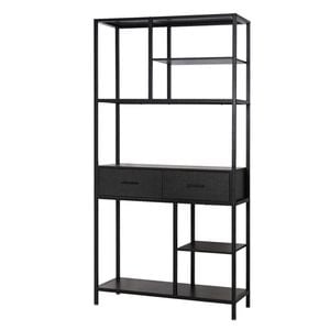 P&P Black Multi Shelf Bookcase with Drawers in Rustic Industrial Style