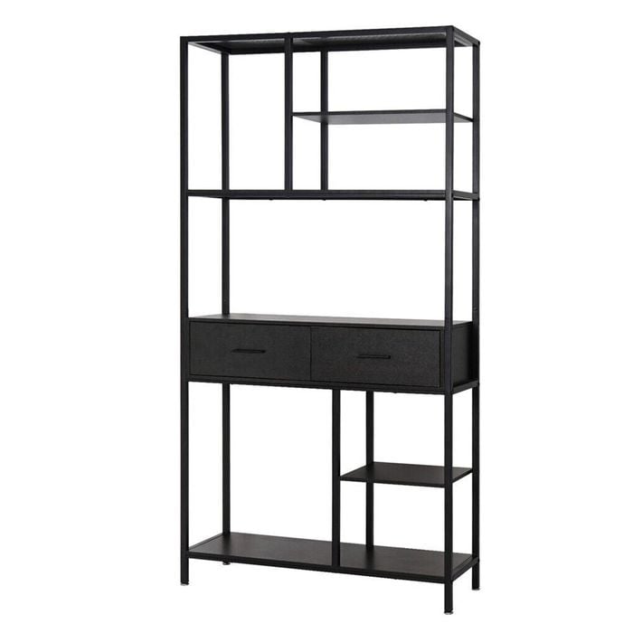 P&P Black Multi Shelf Bookcase with Drawers in Rustic Industrial Style