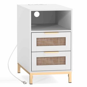 Costway Narrow Bedside Table Boho Side Charging Station 2drawer White