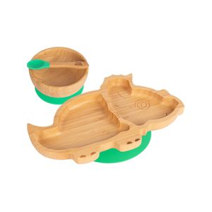 Tiny Dining Children's Bamboo Dinosaur Plate, Bowl and Spoon with Suction Cups - Segmented Design - Green