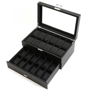 Catzon Watch Box With Glass Window Weaving Texture Watch Jewelry Organizer-24slot2layer