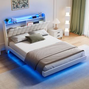 Ufurniture Upholstered Floating Bed Frame with LED Lights and Storage Headboard Queen Size Beige