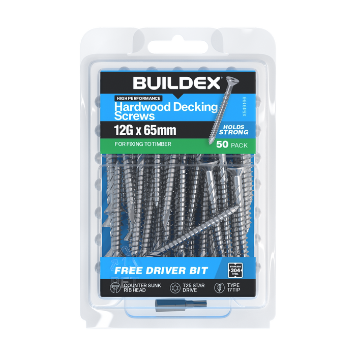 Buildex 12G x 65mm Hardwood 304 Stainless Steel Decking Screws - 50 pack