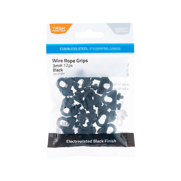 Taskmaster 3mm Black 316 Stainless Steel Wire Rope Grips - 12 Pack