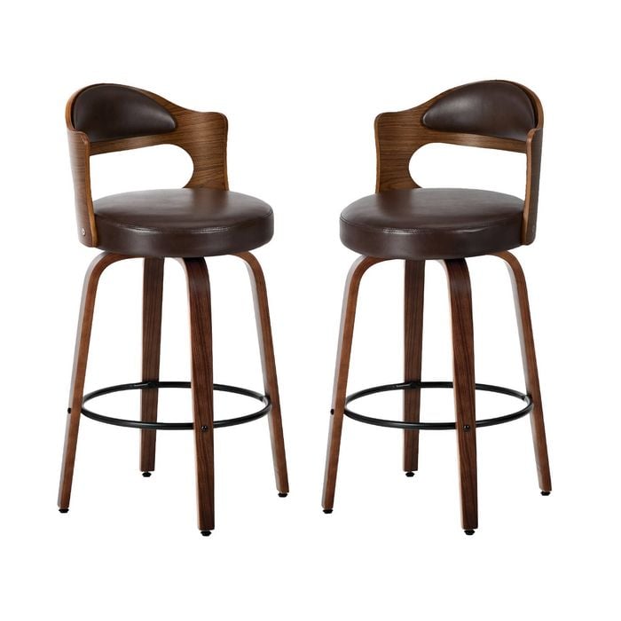 Oikiture 2x Bar Stools Swivel Counter Chair Shell Leather Brown