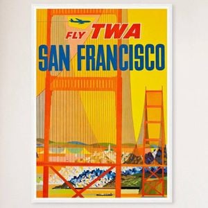 Galrie Vintage San Francisco Airline Travel Poster Golden Gate Bridge Art, White Frame, 50 x 70cm (20 x 28inch)