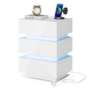 Advwin Bedside Table 3 Drawers With With Charging Station & Led Light White