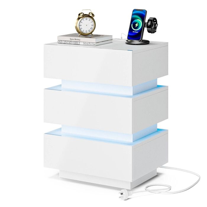 Advwin Bedside Table 3 Drawers With With Charging Station & Led Light White
