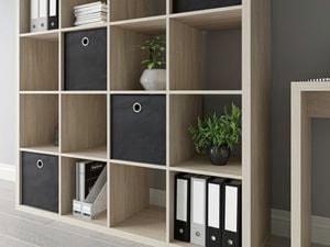 Shelving unit with plants and folders in it.