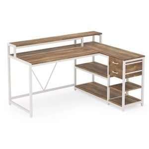 Oakory 140cm L Shaped Reversible Gaming Desk With Drawers Shelves And Monitor Stand Oak And White