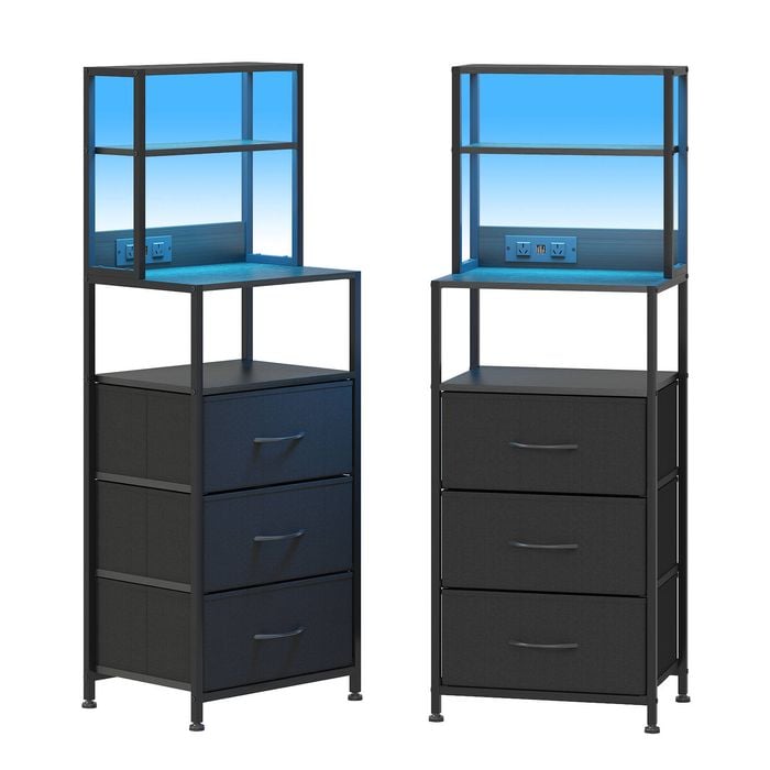 Advwin LED Bedside Table Set of 2 with Charging Station 3 Fabric Drawers Nightstand Black