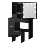 Oikiture Dressing Table Stool Set Makeup Slide Mirror Drawer 10 LED Bulbs Black