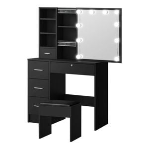 Oikiture Dressing Table Stool Set Makeup Slide Mirror Drawer Black