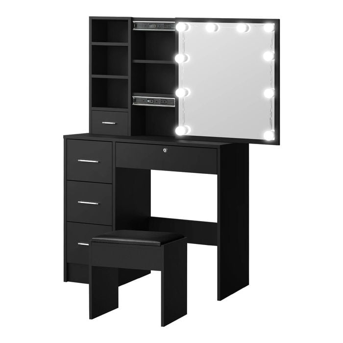 Oikiture Dressing Table Stool Set Makeup Slide Mirror Drawer Black
