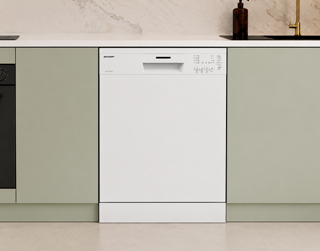 Modern freestanding 13 place dishwasher in a white finish.