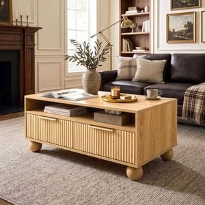 HOMFURN Wood Grain Coffee Table with 2 Fluted Drawers, Open Shelf & Round Legs, 60kg Capacity Living Room Furniture