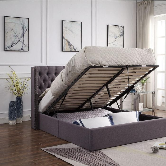 Bologna Premium Fabric Queen Bed Frame Grey Gaslift