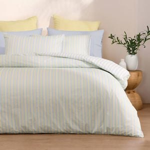 Dreamaker Axel Stripes Cotton Percale Reversible Quilt Cover Set Sky / Citron Queen Bed