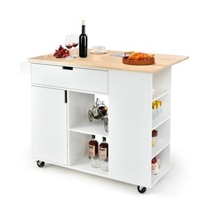 Costway Large Kitchen Island Trolley w/Drop Leaf Countertop White
