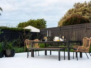 Black outdoor setting on a painted timber deck in a backyard.
