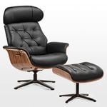 Eureka Matteo Black LC30 Genuine Leather Reclining Swivel Lounge Chair with Adjustable Headrest & Ottoman