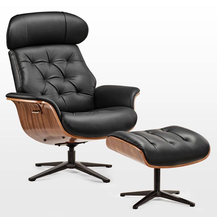 Eureka Matteo Black LC30 Genuine Leather Reclining Swivel Lounge Chair with Adjustable Headrest & Ottoman