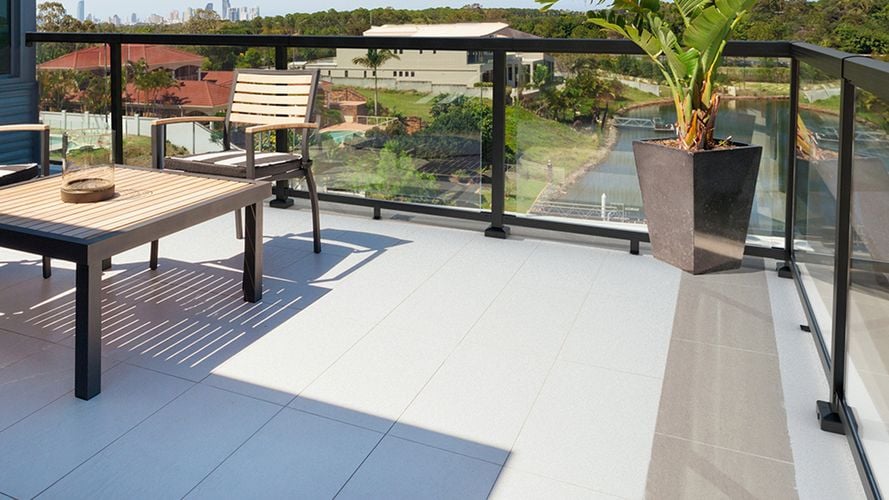 View from a balcony of a modern house with a black aluminium balustrade