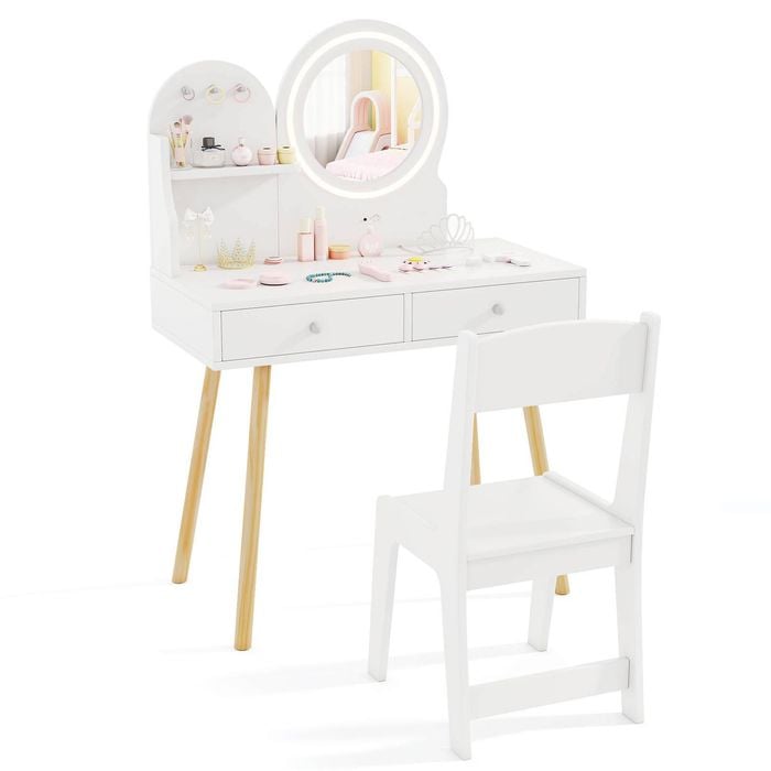 Costway Princess Dressing Table & Chair Makeup Vanity Set White