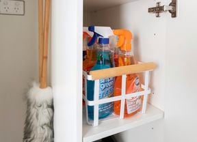 Cleaning chemicals stored in cupboard.